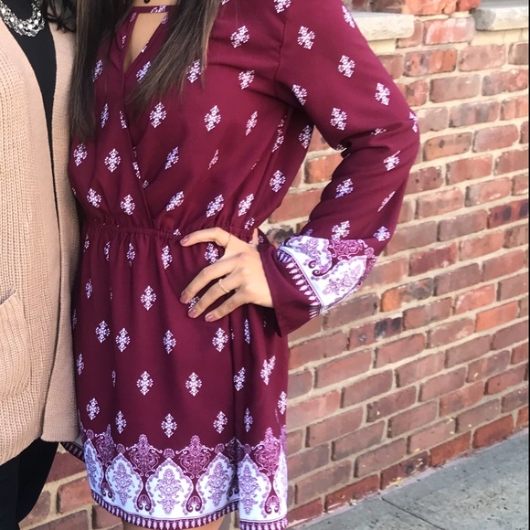 Burgundy Long-Sleeve Patterned Day Dress - Picture 1 of 4
